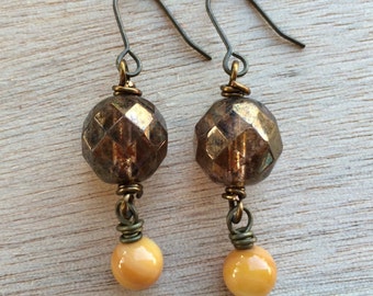 E451 Bronze Multifaceted Glass and Mustard Shell Earrings