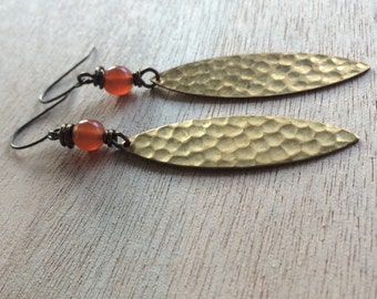 E526 Hammered Brass and Carnelian Earrings