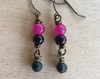 E524 Purple and Green Dangle Earrings