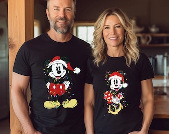 Disney Couples Mickey and Minnie Mouse Christmas Lights Shirt, Disneyland Vacation Holiday Gift, Mickey's Very Merry Xmas Party Sweatshirt
