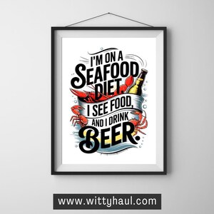 Grappige bierkunst aan de muur, I&#39;m on a Seafood Diet I See Food and I Drink Beer, humoristische barinrichting, keukenmuurbord, cadeau voor bierliefhebbers
