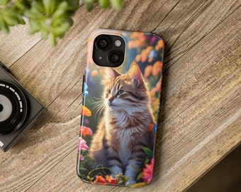 Cute Cat iPhone Case, Floral Art Design, Durable Protective Cover, Stylish Phone Accessory, Perfect Gift for Cat Lovers and Pet Owners