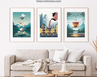 Tea wall art set of 3, modern teacup prints with nature design, kitchen décor, tea lover gift, wall sign, café poster, home décor artwork