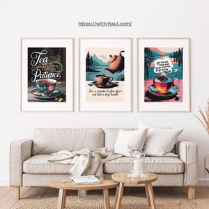 Tea wall art set of 3, Patience, Slow Down, Drift Away prints, kitchen décor, tea lover gift, calming wall sign, cozy home artwork, cafe art