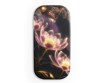 May include: A digital illustration of glowing pink flowers with yellow centers on a dark background with a galaxy of stars.