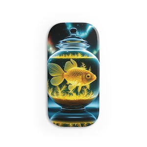 May include: A gold fish in a glass jar with a blue and black background.