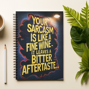 May include: A black spiral bound notebook with a yellow and red graffiti design. The text on the notebook reads "Your sarcasm is like a fine wine - it leaves a bitter aftertaste."