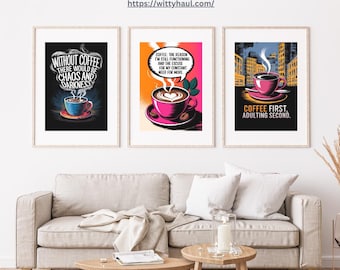Arte de pared con café, carteles de café, impresiones de café, arte de café, humor sobre café, juego de 3, arte de cafetería, citas sobre café, arte de despensa, decoración de cocina, rosa