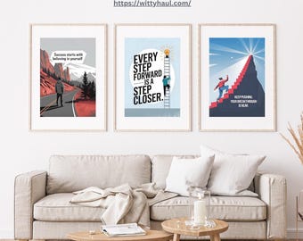 Motivierende Wandbilder (3er-Set), inspirierende Zitate, Drucke für eine positive Denkweise, Bürodekoration, Kunst zur Zielsetzung, digitaler Download
