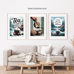 Tea wall art set of 3, cozy teacup prints, Quiet Thoughts, Pouring Tea, Stillness, kitchen décor, tea lover gift, calming home artwork