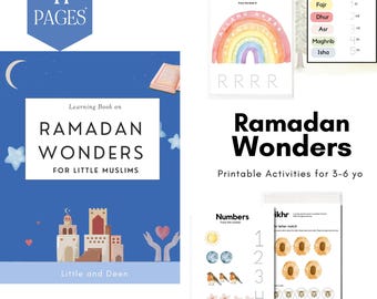 May include: A colorful printable activity book for children ages 3-6, featuring a cover with a mosque and the words "Ramadan Wonders for Little Muslims". The book includes activities like tracing numbers, letter matching, and learning about daily prayers.