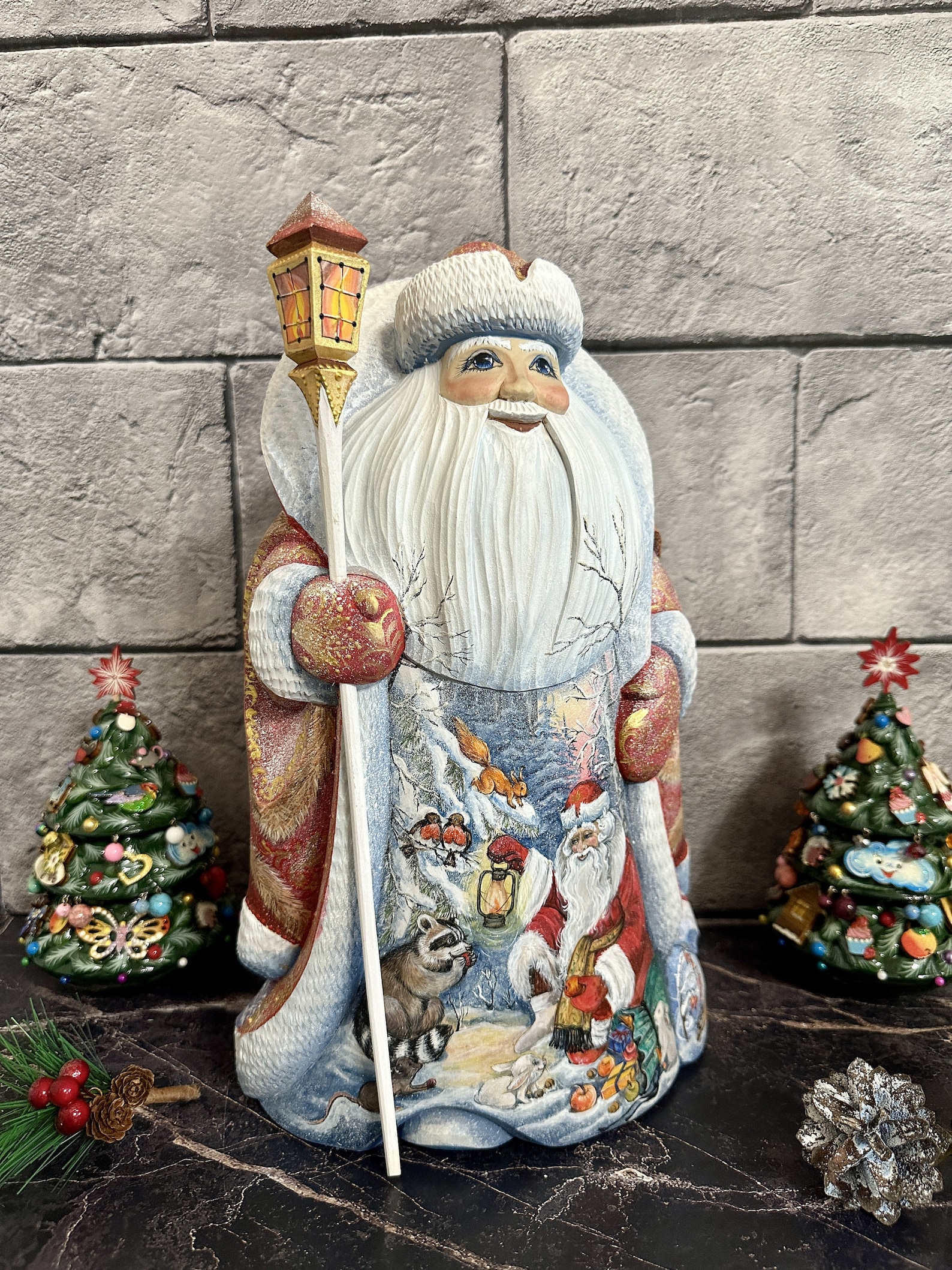 Hand-painted Wooden Santa Claus Figurine With Lantern and Winter Scene ...