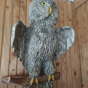 Large Hand Carved Owl Statue | Natural Wood Garden Sculpture for Outdoor or Rustic Interior | Hand-Carved Wooden Owl Statue
