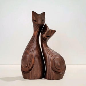 Cat Pair Sculpture Hand Carved Abstract Wooden Statue Handcrafted Home Decor Wooden Cat Modern Art