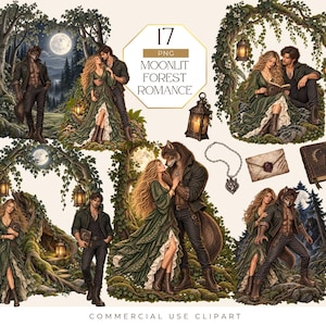 Puede incluir: Una colección de 17 ilustraciones digitales con temática de romance en el bosque a la luz de la luna, incluyendo parejas, un hombre lobo, linternas, un libro, un collar y un sobre. El texto dice 17 PNG MOONLIT FOREST ROMANCE.