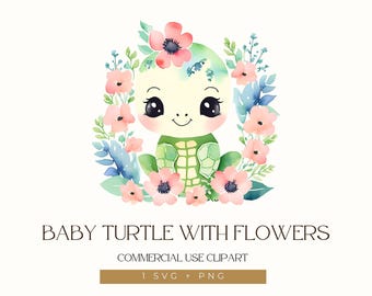 Baby Turtle with Flowers Clipart 1, Turtle baby shower guest book, Baby Shower Clipart, Cute sea turtle SVG PNG, Turtle Sublimation