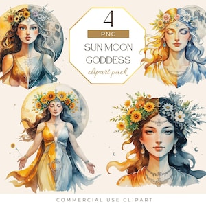 Sun Moon Goddess Clipart, Celestial Watercolor Illustrations, Fantasy PNG Bundle, Mystical Digital Art, for Crafting, for Commercial Use