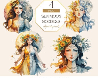 Sun Moon Goddess Clipart, Celestial Watercolor Illustrations, Fantasy PNG Bundle, Mystical Digital Art, for Crafting, for Commercial Use