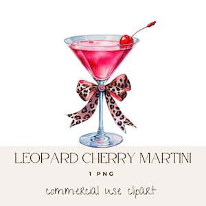 Puede incluir: Ilustración en acuarela de un martini de cereza rosa en una copa clásica, adornado con una cereza. Un lazo con estampado de leopardo adorna el tallo. El texto "LEOPARD CHERRY MARTINI" está debajo.