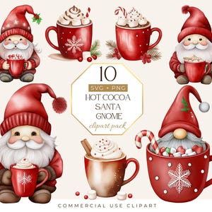Hot Cocoa Santa Gnome Clipart, Christmas Cute Gnome Png, Watercolor Festive Gnomes, Winter Holiday Sublimation, Yule Clipart
