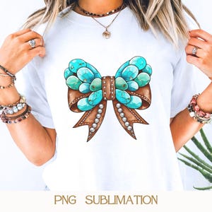 Pierres précieuses turquoises en cuir noeud Clipart, Boho cow-girl tendance PNG, Art de la Sublimation de bijoux occidentaux, thème coloré du sud-ouest