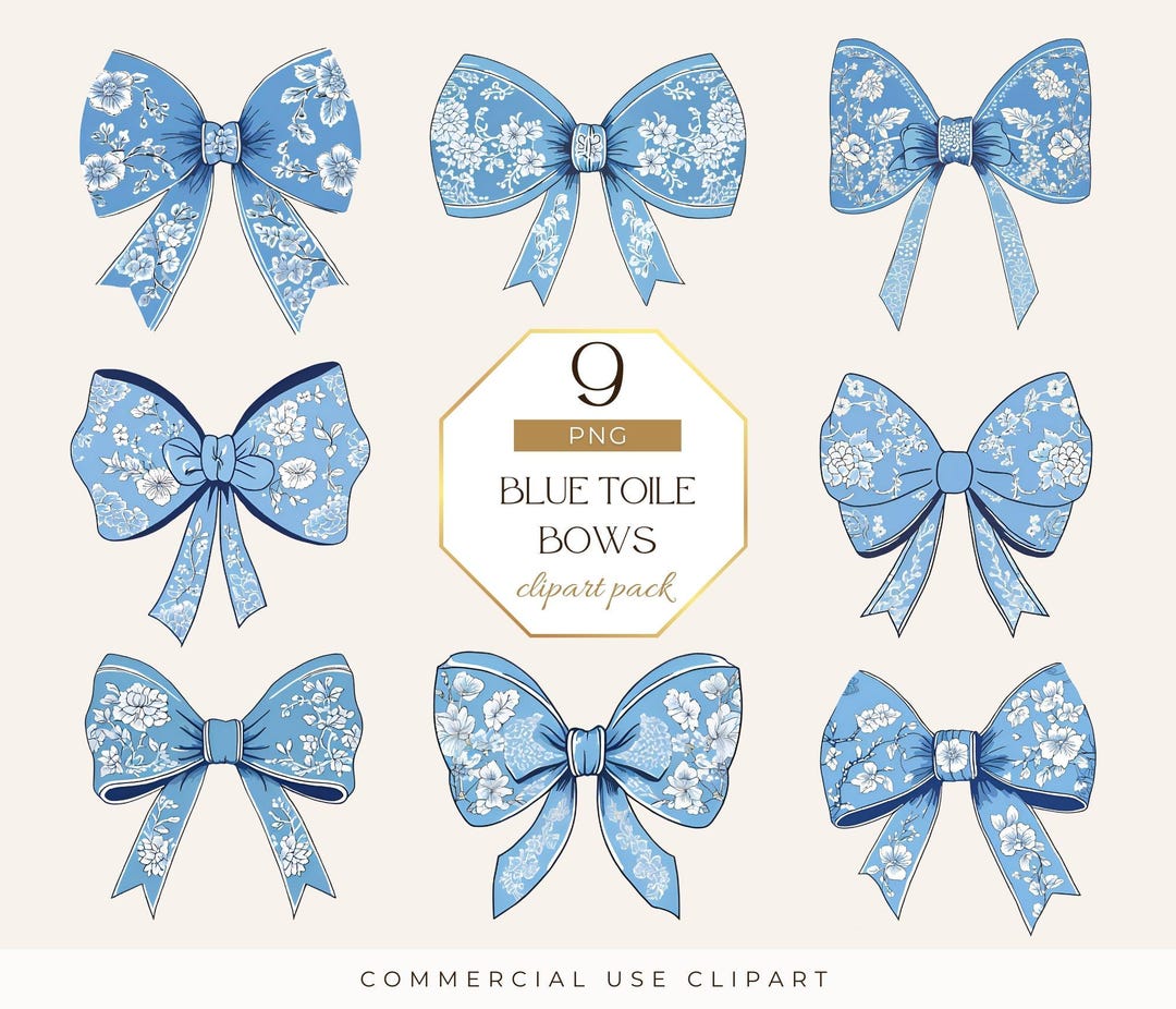 Blue Toile Bow PNG, Chinoiserie Floral Clipart, Watercolor Coquette Bow ...