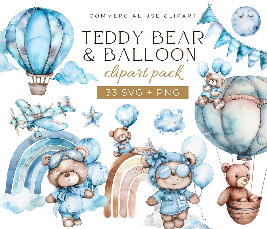 Teddy Bear Hot Air Balloon SVG PNG Clipart, Newborn Boho Baby, Baby ...