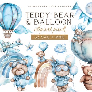 Teddy Bear Hot Air Balloon SVG PNG Clipart, newborn boho baby, baby shower clipart, baby animal clipart, aeroplane clipart, boho teddy bear