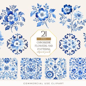 Chinoiserie bloemen clipart, patronen, toile de jouy png, blauwe toile clipart, Grand millennial decor, aquarel bloemen, commercieel gebruik
