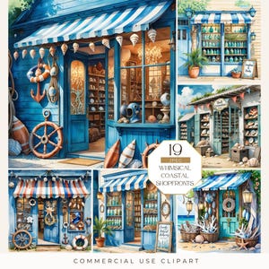 Clipart fantaisiste de vitrines côtières, Aquarelles boutiques de plage JPG | Illustration de boutique en bord de mer pour le scrapbooking, le journal indésirable, la fabrication de cartes