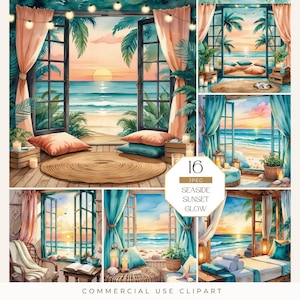 Seaside Sunset Glow Boho clipart, aquarel uitzicht op de oceaan, wellness ontspannen zomer jpeg voor scrapbooking, junk journal, kaarten maken