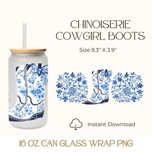 Western Coastal Cowgirl Boots Can Wrap PNG, 16oz glas digitale download, Coquette Cowgirl Boots met strik, Chinoiserie Tumbler Wrap