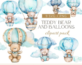 Bär Heißluftballon, Bär-Baby-Dusche, Baby-Dusche Clipart, süße Teddy Clipart, Teddybär Fliege, Kinderzimmer Teddybär, blauer Teddybär