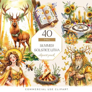 Clipart di Litha, grafica Wiccan del solstizio d'estate, illustrazioni di arte pagana di mezza estate, download digitale per artigianato, pacchetto PNG per uso commerciale