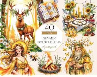 Litha Clipart, Wiccan Summer Solstice Graphics, Midsummer Pagan Art Illustrations, Digital Download for Crafts, Commercial Use PNG Bundle
