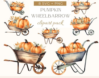 May include: Eight watercolor illustrations of pumpkins in wheelbarrows. The wheelbarrows are brown with black metal handles and wheels. The pumpkins are orange and yellow with green leaves. The text "8 SVG + PNG PUMPKIN WHEELBARROW clipart pack COMMERCIAL USE CLIPART" is at the top of the image.