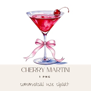 May include: A watercolor illustration of a cherry martini cocktail with a pink ribbon bow. The martini glass is filled with a red liquid and has a cherry on the rim.