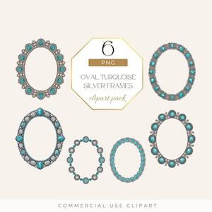 May include: Six oval turquoise and silver frames in a clipart pack. The frames have intricate designs with turquoise accents. The text on the image reads "6 PNG OVAL TURQUOISE SILVER FRAMES clipart pack" and "COMMERCIAL USE CLIPART".