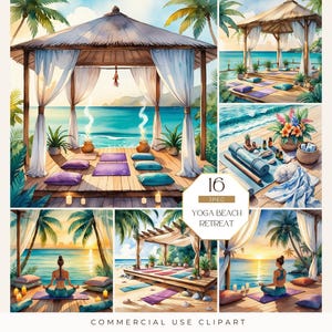 Yoga Beach Retreat clipart, aquarel uitzicht op de oceaan, wellness ontspannen zomer jpeg, digitale download voor scrapbooking, junk journal, kaarten maken
