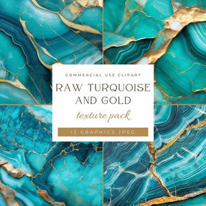 Op de afbeelding: Een digitale kunstcompositie met vier panelen van turquoise en gouden texturen. De texturen lijken op ruwe turkoois met gouden adering. De afbeelding bevat de tekst "RAW TURQUOISE AND GOLD texture pack 12 GRAPHICS JPEG".