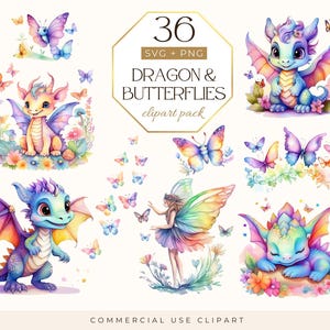 Aquarell niedlichen Regenbogen Drachen Clipart, Baby Drachen Png, Drachen Geburtstag, entzückende Drachen, Regenbogen Schmetterling Png, bunte Schmetterlinge