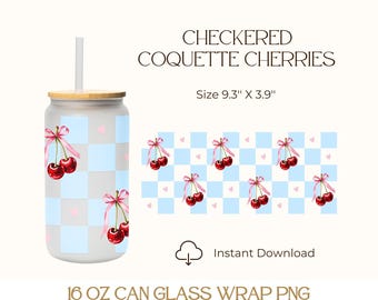 Peut inclure: Un design d'emballage pour verre de canette de 16 onces avec un motif à carreaux bleu et blanc avec des nœuds roses et des cerises rouges. Le motif mesure 9,3 pouces par 3,9 pouces. "Checkered Coquette Cherries" et "Téléchargement instantané" sont écrits en texte noir.