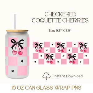 Geruite coquette kersen kunnen inpakken png, 16oz glas digitale download, coquette kersenstrik, zwarte strik beker, preppy girl