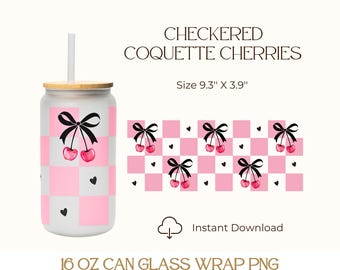 Peut inclure: Un design d'emballage en PNG pour un verre de canette de 16 onces, avec un motif à carreaux rose et blanc, des nœuds noirs et des cerises rouges. Le design est intitulé "Checkered Coquette Cherries" et mesure 9,3 pouces par 3,9 pouces.