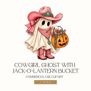 Könnte beinhalten: Eine Illustration eines weißen Geistes mit einem rosa Cowboyhut mit türkisfarbenem Akzent, einem rosa Halstuch und rosa Cowboystiefeln. Der Geist hält einen orangefarbenen Kürbiseimer voller bunter Süßigkeiten. Der Text lautet: COWGIRL GHOST WITH JACK-O'-LANTERN BUCKET COMMERCIAL USE CLIPART 1 PNG.