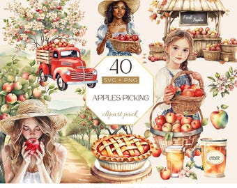 Imágenes prediseñadas de otoño, imágenes prediseñadas de tarta de manzana, imágenes prediseñadas de manzano, manzana de acuarela, imágenes prediseñadas de Mabon, recolección de manzanas, huerto de manzanas, imágenes prediseñadas de acuarela