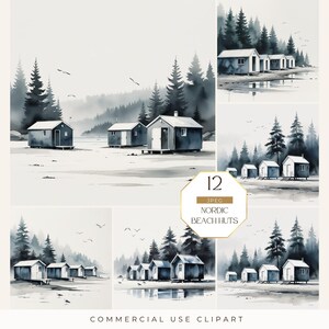 Cabanes de plage nordiques Clipart, Images de bord de mer aquarelle, JPEG de l'été scandinave, téléchargement numérique pour le scrapbooking, Junk Journal, fabrication de cartes