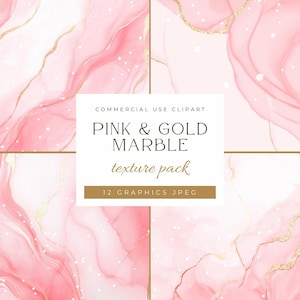 Puede incluir: Un conjunto de 12 gráficos digitales con texturas de mármol rosa y dorado. Las texturas son abstractas y se asemejan a un líquido arremolinado con acentos dorados.  COMMERCIAL USE CLIPART PINK & GOLD MARBLE texture pack 12 GRAPHICS JPEG