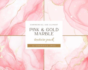 May include: A set of 12 digital graphics featuring pink and gold marble textures. The textures are abstract and resemble swirling liquid with gold accents.  COMMERCIAL USE CLIPART PINK & GOLD MARBLE texture pack 12 GRAPHICS JPEG