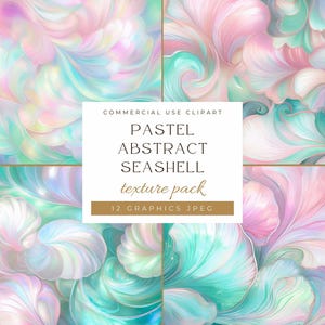 May include: A digital art pack featuring pastel abstract seashell designs in shades of pink, teal, and white. The image includes the text "PASTEL ABSTRACT SEASHELL texture pack" and "12 GRAPHICS JPEG".